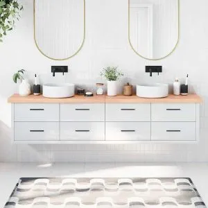 Blat de baie, maro deschis, 220x30x(2-6) cm, lemn masiv tratat