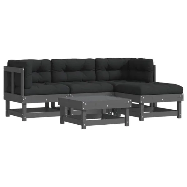Set mobilier grădină cu perne, 5 piese, gri, lemn masiv