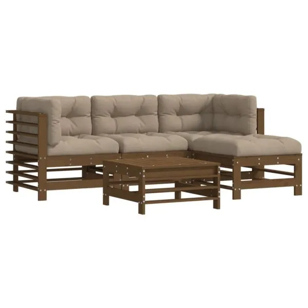 Set mobilier grădină cu perne, 5 piese, maro miere, lemn masiv