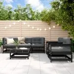 Set mobilier grădină cu perne, 6 piese, negru, lemn masiv