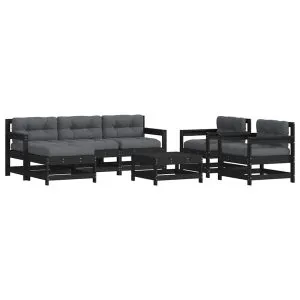 Set mobilier de grădină cu perne, 7 piese, negru, lemn masiv