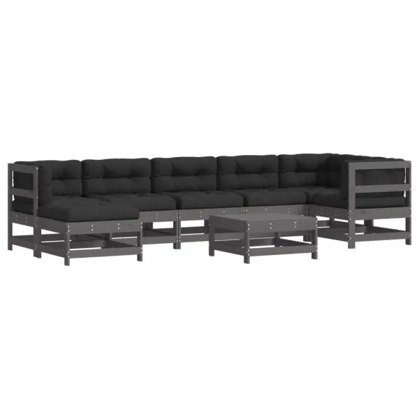 Set mobilier grădină cu perne, 8 piese, gri, lemn masiv