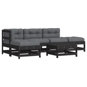 Set mobilier grădină cu perne, 6 piese, negru, lemn masiv