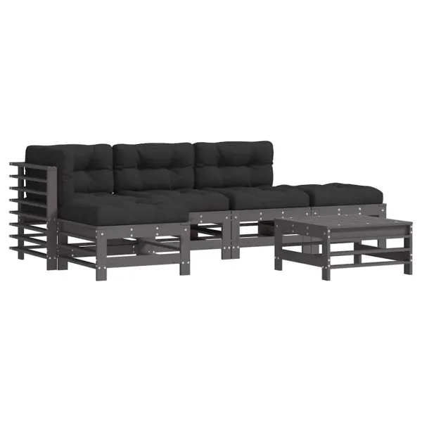 Set mobilier relaxare grădină&perne 6 piese gri lemn masiv pin