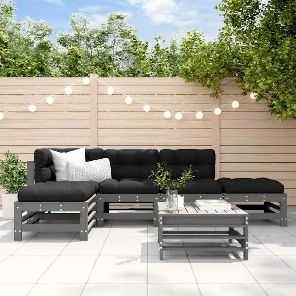Set mobilier relaxare grădină&perne 6 piese gri lemn masiv pin