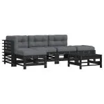 Set mobilier grădină cu perne, 6 piese, negru, lemn masiv