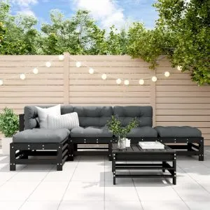 Set mobilier grădină cu perne, 6 piese, negru, lemn masiv