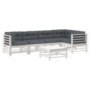Set mobilier relaxare grădină&perne 6 piese alb lemn masiv pin