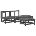 Set mobilier grădină cu perne, 4 piese, gri, lemn masiv