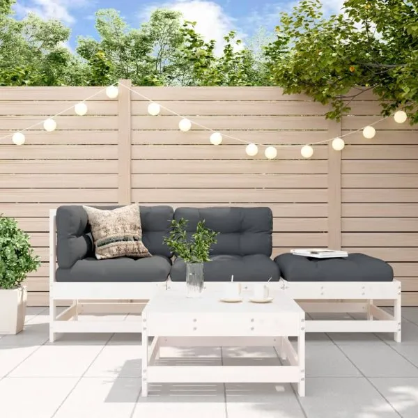 Set mobilier de grădină cu perne, 4 piese, alb, lemn masiv