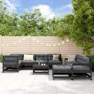 Set mobilier de grădină cu perne, 10 piese, negru, lemn masiv