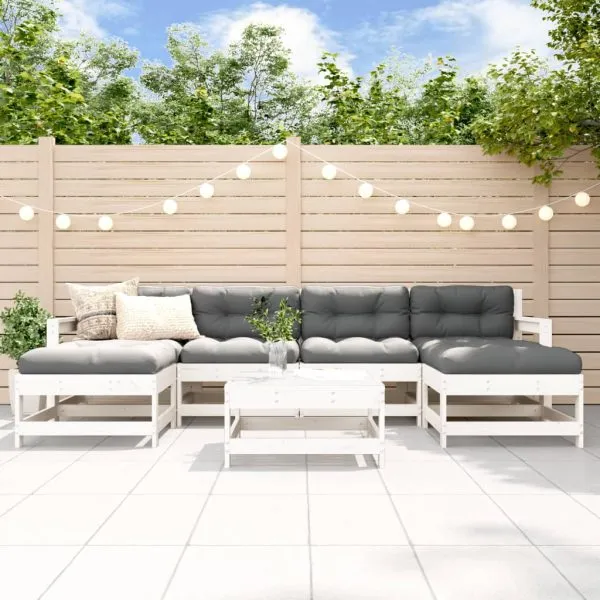 Set mobilier de grădină, 7 piese, alb, lemn masiv de pin