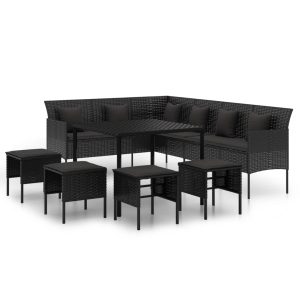 Set mobilier de grădină cu perne, 6 piese, negru, poliratan