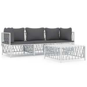 Set mobilier de grădină, 4 piese, cu perne, alb, oțel