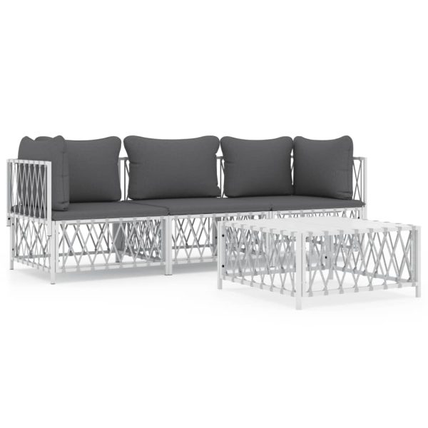 Set mobilier de grădină, 4 piese, cu perne, alb, oțel