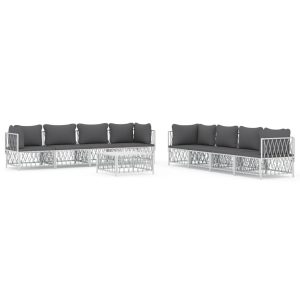 Set mobilier de grădină cu perne, 9 piese, alb, oțel