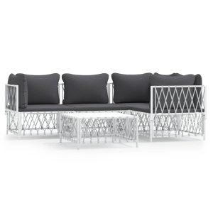 Set mobilier de grădină, 5 piese, cu perne, alb, oțel
