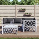 Set mobilier de grădină, 5 piese, cu perne, alb, oțel