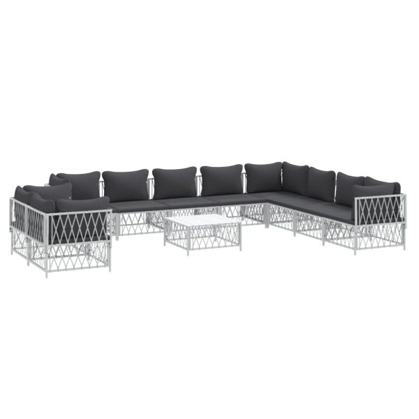 Set mobilier de grădină cu perne albe, 11 piese, oțel