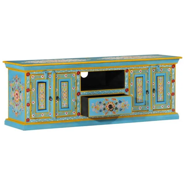 Comodă TV, albastru, 110x30x40 cm, lemn masiv de mango