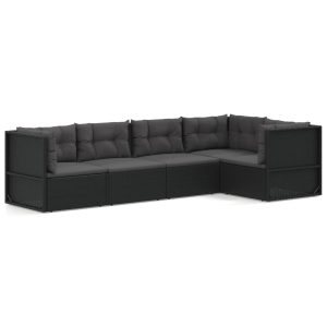 Set șezlonguri de grădină, 5 piese, cu perne, negru, poliratan