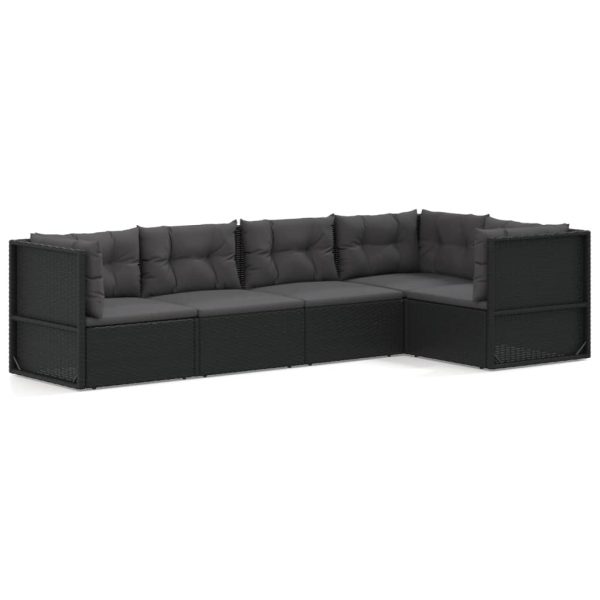 Set șezlonguri de grădină, 5 piese, cu perne, negru, poliratan