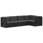 Set șezlonguri de grădină, 5 piese, cu perne, negru, poliratan