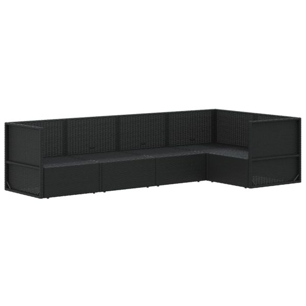 Set șezlonguri de grădină, 5 piese, cu perne, negru, poliratan