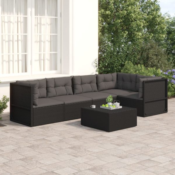 Set șezlonguri de grădină, 5 piese, cu perne, negru, poliratan