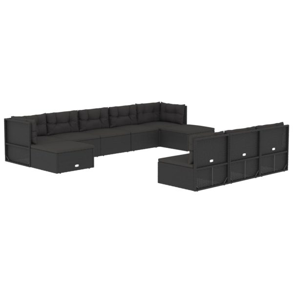 Set mobilier de grădină cu perne, 10 piese, negru, poliratan