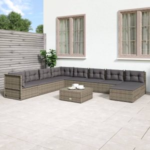 Set mobilier de grădină cu perne, 9 piese, gri, poliratan
