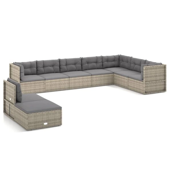 Set mobilier de grădină cu perne, 9 piese, gri, poliratan