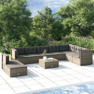 Set mobilier de grădină cu perne, 9 piese, gri, poliratan