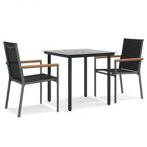 Set mobilier de grădină, 3 piese, negru, textilenă și oțel