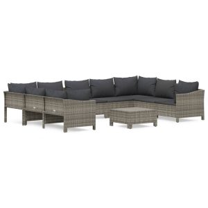 Set mobilier de grădină cu perne, 10 piese, gri, poliratan