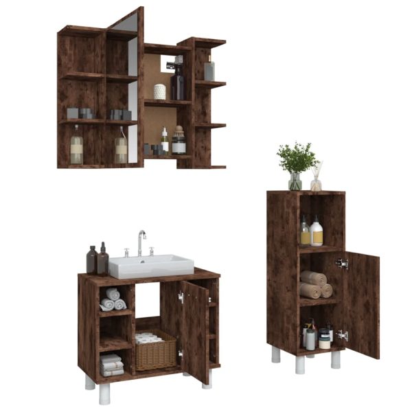 Set dulapuri de baie, 3 piese, stejar afumat, lemn prelucrat