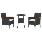 Set bistro de grădină cu perne, 3 piese, negru, poliratan
