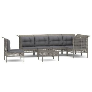 Set mobilier de grădină cu perne, 7 piese, gri, poliratan