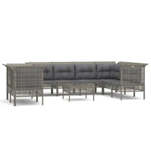 Set mobilier de grădină cu perne, 9 piese, gri, poliratan