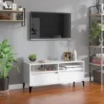 Comodă TV, alb extralucios, 100×34,5×44,5 cm, lemn prelucrat