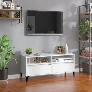 Comodă TV, alb extralucios, 100×34,5×44,5 cm, lemn prelucrat
