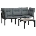 Set mobilier de grădină, 4 piese, negru și gri, poliratan