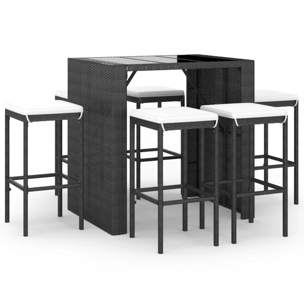 Set bar de grădină, 7 piese, cu perne, negru, poliratan
