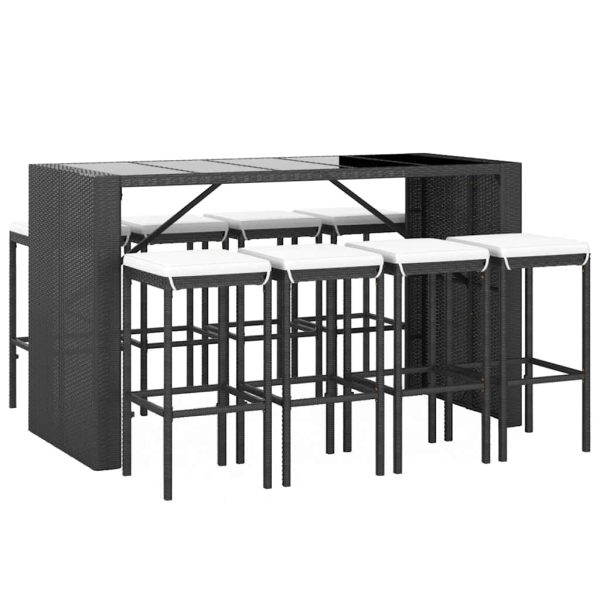 Set mobilier bar de grădină cu perne, 9 piese, negru, poliratan