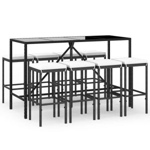 Set mobilier bar de grădină cu perne, 9 piese, negru, poliratan