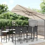 Set mobilier de grădină cu perne, 11 piese, negru, poliratan