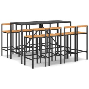 Set bar pentru grădină, 9 piese, negru, poliratan/lemn acacia