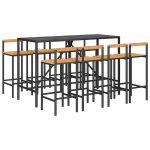 Set bar pentru grădină, 9 piese, negru, poliratan/lemn acacia