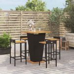 Set bar pentru grădină, 5 piese, negru, poliratan/lemn acacia