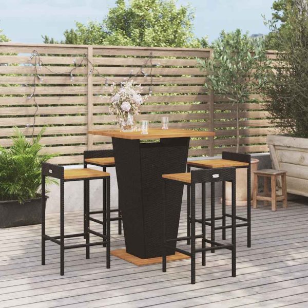 Set bar pentru grădină, 5 piese, negru, poliratan/lemn acacia